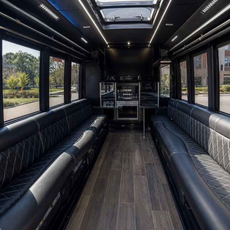 Friends laughing during a Dallas party bus celebration