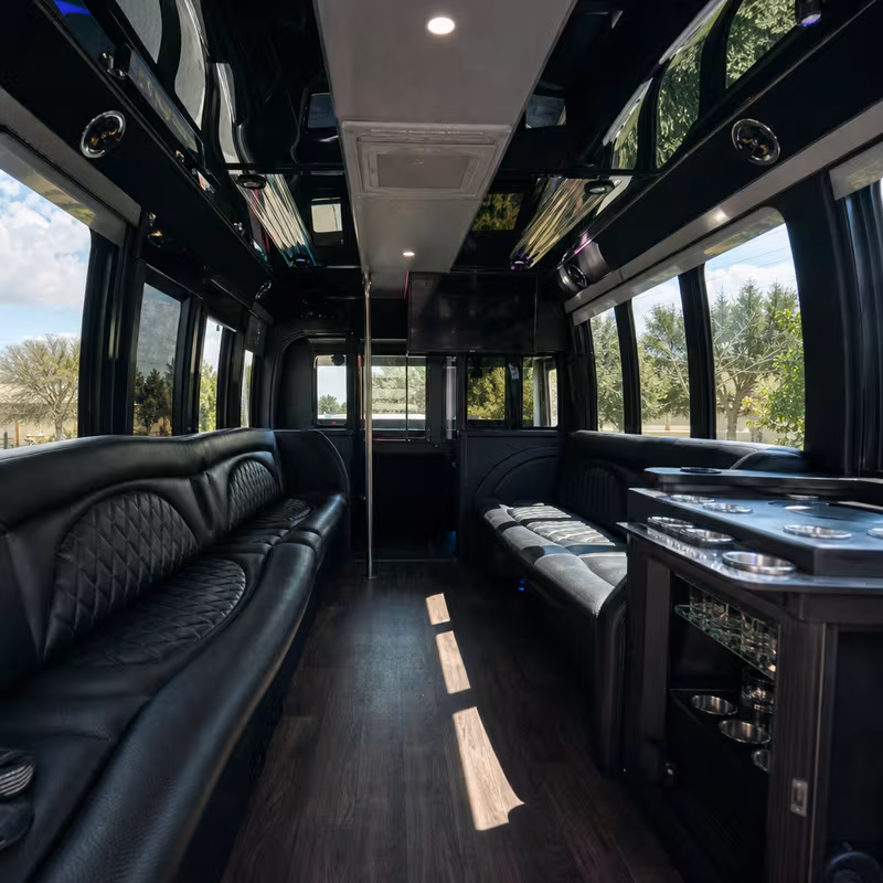Passenger watching the Dallas scenery during a regional party bus road trip