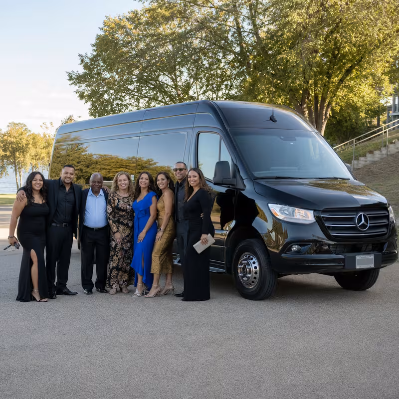 Group beside a Mercedes Sprinter limo from the Dallas fleet