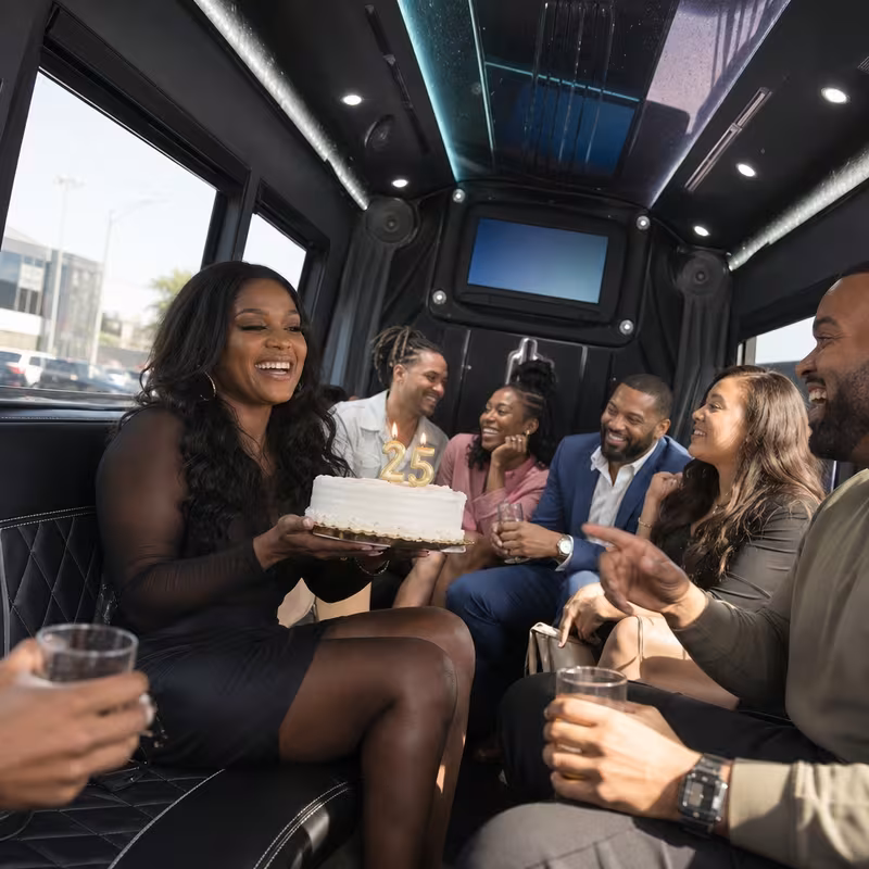 Black Mercedes Sprinter van staged for an Dallas Birthday Transportation group