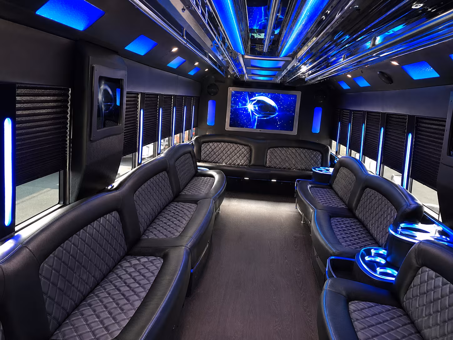 Interior of a party bus rental serving Dallas